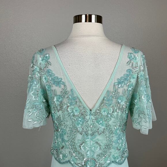 Adrianna Papell Beaded Chiffon Evening Gown Green Size 8 Short Sleeve A-Line - Picture 8 of 13